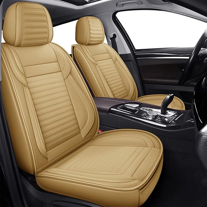 LINGVIDO Car Seat Covers, Breathable and Waterproof Faux Leather Automotive Seat Covers for Cars SUV Pick-up Truck Sedan,Universal Anti-Slip Driver Seat Cover with Backrest (Full Seat, Beige)