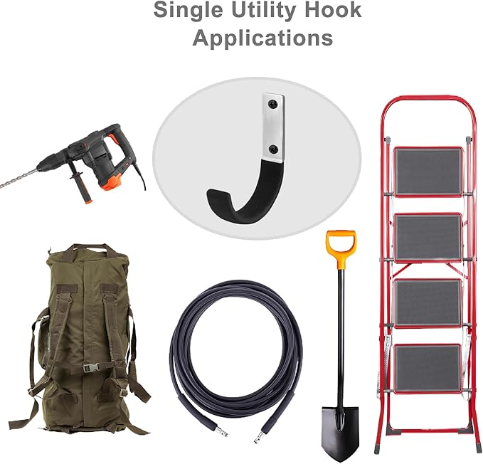 6 Pcs Garage Storage Utility Hook, Upgraded Ladder Hangers, Shed J-Hooks, Heavy Duty Ladder Tool Holders for Garage Wall, Black Wall Hooks for Hanging Tools, Bikes, Hose, Shovels, Rakes