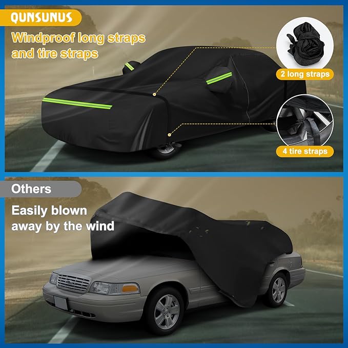 QUNSUNUS Waterproof Car Cover for Chevy Caprice 1966-1970 and 1977-1996, All Weather Outdoor Crown Victoria Cover 1992-2012 with Straps and Zipper