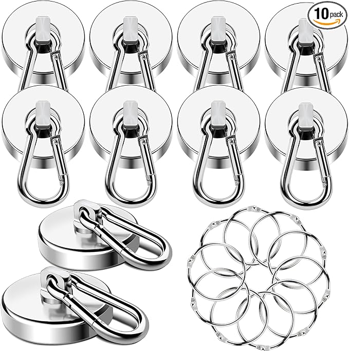 MIKEDE Strong Magnetic Hooks, 150LB Neodymium Heavy Duty Magnets with Swivel Carabiner Hook, Magnetic Hangers for Locker, Kitchen, Cruise Cabin, Office - 10 Pack