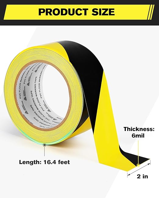 Floor Marking Tape,2 INx108 FT Strong Adhesive Caution Tape,High Durability Warning Safety Tape for Indoor/Outdoor-Warehouses,Factories,Parking Lots,Retail Locations,Black&Yellow,1 Roll