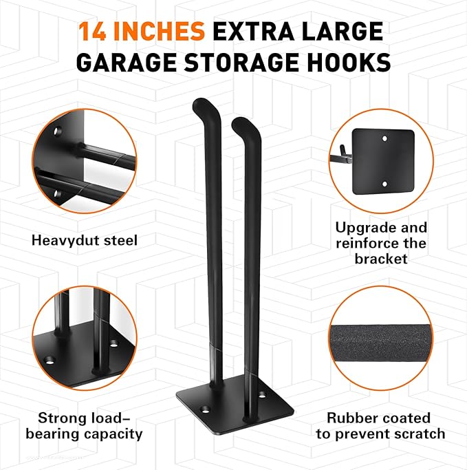 14 Inches Garage Hooks Heavy Duty, Extra Large 4Pcs Heavy Duty Garage Hooks,Duty Wall Mount Organizer for Hanging Yard Tools,Car Tires, Ladders,Chairs (Black)