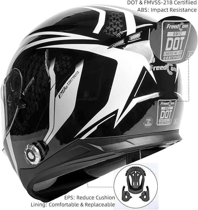 Full Face FreedConn Motorcycle Helmet Bluetooth 5.0 Integrated 2 Way Intercom DOT FMVSS-218 Rated Motorbike Helmet Communication with Dual Visor MP3 for Men Women New EPS