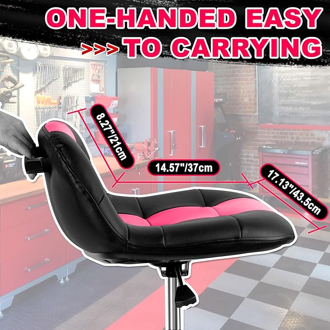 Rolling Stool with Wheels, Adjustable Height Pneumatic Garage Work Mechanic Stool Seat with Backrest, 400 LBS Capacity 360° Swivel Mechanic Crepper Chair with Tool Tray Storage, Pink