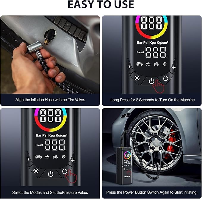 Tire Inflator Portable Air Compressor, NEXPOW 150PSI & 9000mAh Cordless Air Pump with Digital Tire Pressure Gauge, Accurate Dual LCD Display & LED Light, Tire Inflator for Car,Motorcycle,Bike,Balls