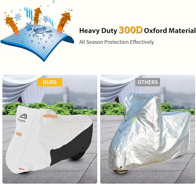 Coverado Motorcycle Cover Waterproof, All Weather Protection Outdoor Full Motorcycle Covers - UV Proof with Flame Retardant Fabric Fit for Harley Davidsion Yamaha Honda Suzuki (up to 111" Motors)