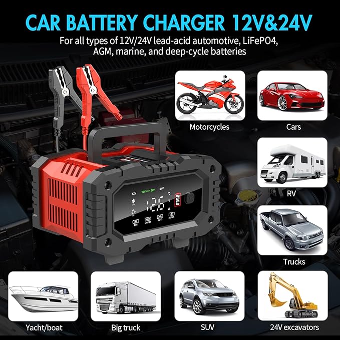 YONHAN Battery Charger 20A 12V/24V LiFePO4 Lead Acid Fully Automatic Battery Maintainer, Car Battery Trickle Charger Automotive w/Repair, Winter Mode, for AGM, STD, Gel, Deep Cycle Batteries