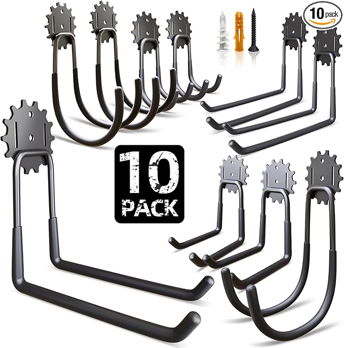 Heavy Duty Steel Storage Hooks - Utility Wall Mount Hooks with Anti-Slip Coating, Holds Bike, Ladder & Tools