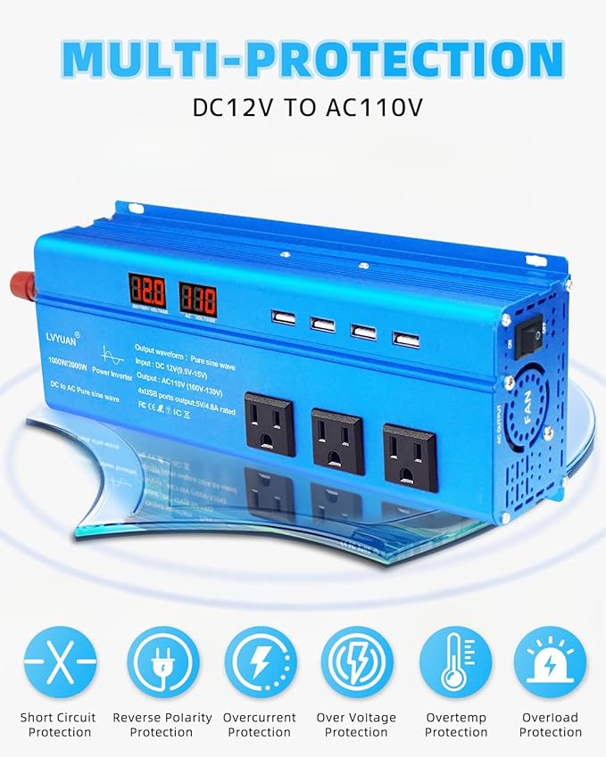 LVYUAN 1000 Watt Pure Sine Wave Inverter 12V to 110V 120V DC to AC with LED Display, 3 U.S. Outlet, USB Charger Ports, Car Power Inverter for Vehicles, RV, Outdoor, Home