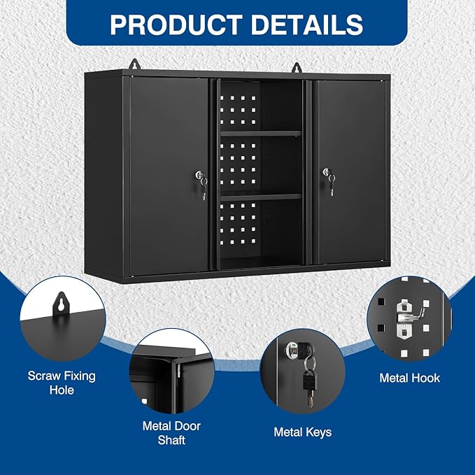 Metal Wall Cabinets for Storage with Locking Doors Adjustable Shelf Pegboard and Hooks, Metal Garage Wall Cabinet, Floating Upper Storage Cabinet