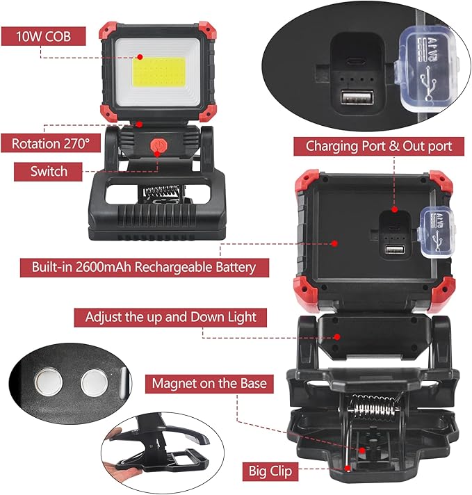 LED Rechargeable Work Light with Clamp, 2Pack 2100LM COB Magnetic Work Light with 3 Light Modes, 270° & 180° Rotation, Waterproof, Perfect for BBQ, Jobsite, Workshop, Car Repairing