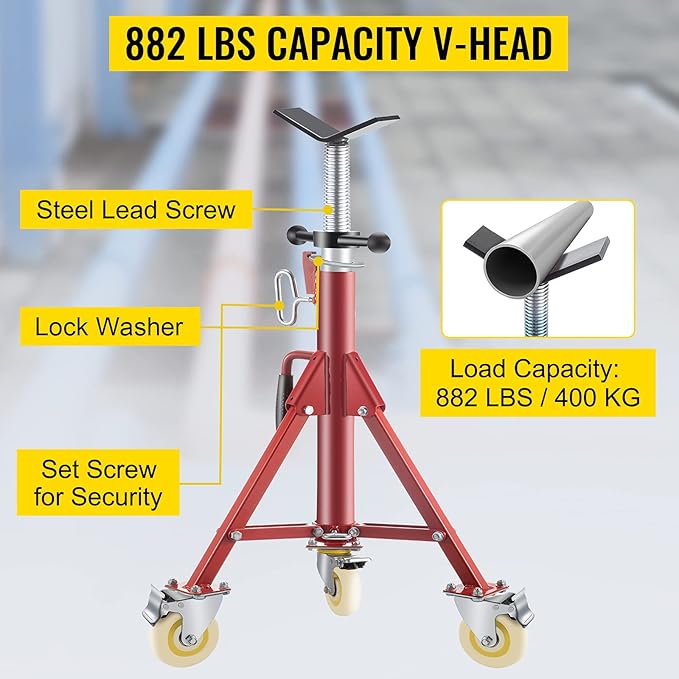 VEVOR Pipe Stand, Pipe Jack Stands with Casters Adjustable Height 28-52 Inch, V Head Pipe Stand 882 LB, Folding Portable Pipe Stands 1/8 to 12 Inch Pipe Supporting, Steel Jack Stand