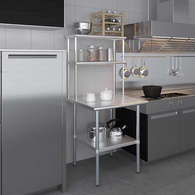 Amgood Stainless Steel Work Table Double Tier Overshelf | Metal Kitchen Prep Table & Shelving Combo (30" x 30" Work Table + 12" Overshelf)