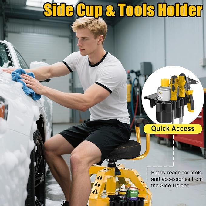 Rolling Shop Stool with Wheels, Heavy Duty Garage Work Mechanic Stool with Backrest, Adjustable Height 360°Swivel Rolling Chair with Tool Tray Storage, 330 LBS Capacity, Yellow