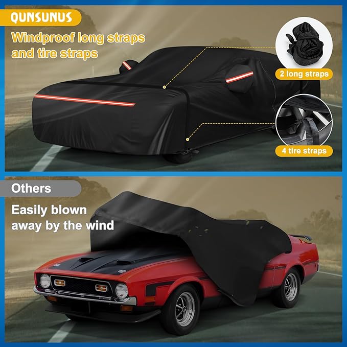 QUNSUNUS Waterproof Car Cover for Ford Mustang 1969-1973, Outdoor Car Covers with Zipper, All Weather Full Exterior Cover with Straps and Elastic Edges for Wind, Sun, UV and Dust Protection