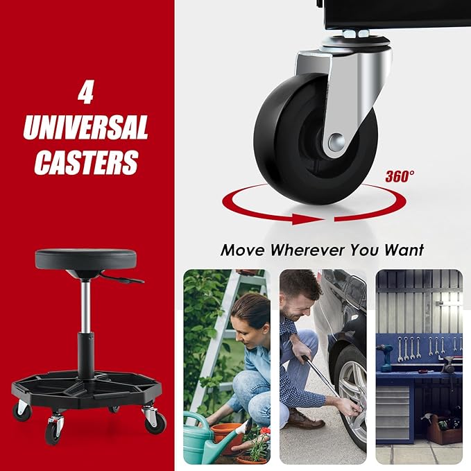 Goplus Mechanic Stool, Rolling Garage Chair with 16”-22” Adjustable Height, Removable Magnetic Tool Tray, 2” Thick Padded Cushion, Universal Wheels, 330LBS, Roller Creeper Seat (Black)