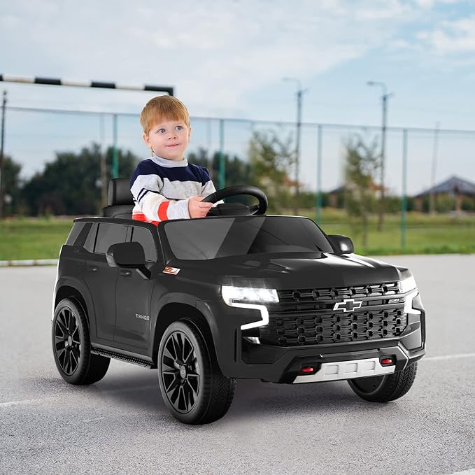 HONEY JOY Ride On Truck, 12V Licensed Chevrolet Tahoe, Chevy Electric Vehicle for Kids, Soft Start, Music, Lights, Battery Powered Ride On Car Toy with Remote Control, Gift for Boys Girls (Black)