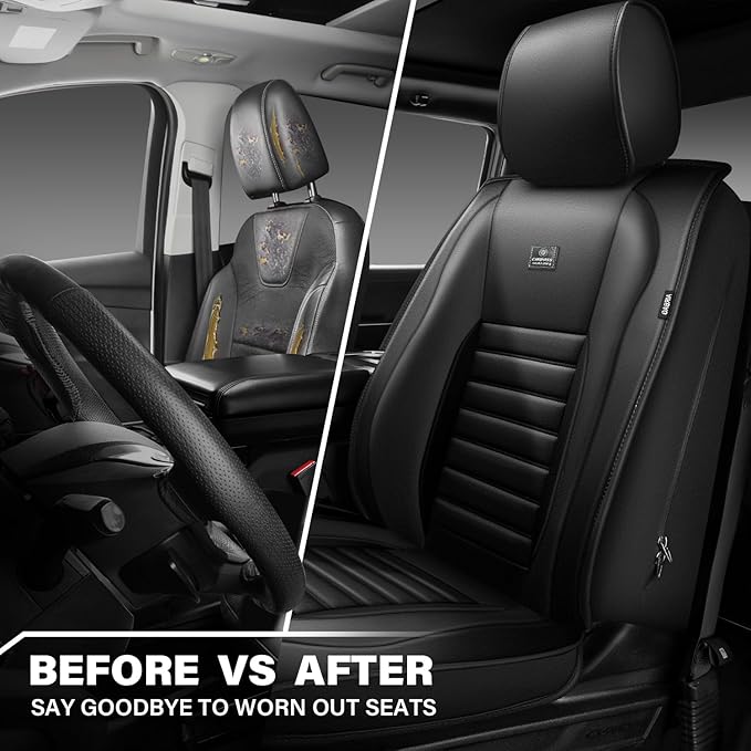 CAR PASS Nappa Leather Car Seat Covers Front Seats, Luxury Seat Protector for Cars, Waterproof Anti-Slip Seat Cushion Armrest Compatible Airbag Universal for Sedan SUV Pick-up Truck Automotive, Black