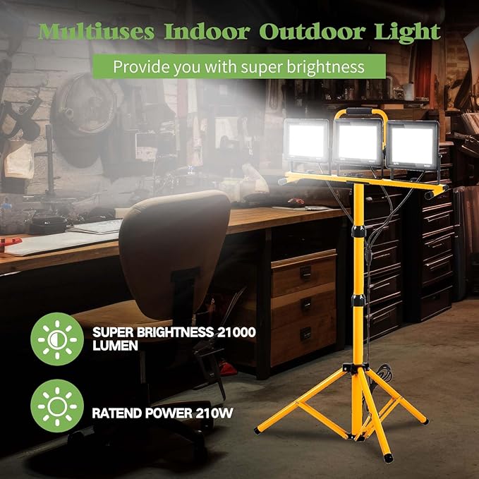 21000 Lumen Work Lights with Stand, 3 Adjustable Head LED Work Light，Foldable Tripod Stand and Portable Removable Led Construction Lights