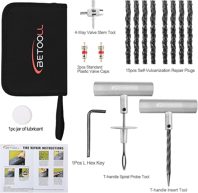 Tire Repair Kit, 24 Pcs Professional Heavy Duty Universal Emergency Flat Tire Repair Kit to Fix Punctures, for car Motorcycle, Truck, Golf Cart, ATV, Tractor, ARB, RV, SUV, Trailer etc.(Black)