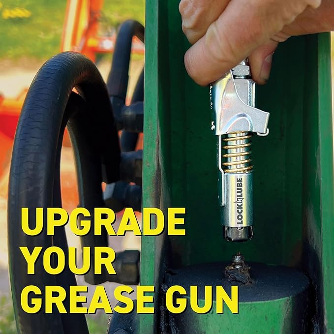 LockNLube Grease Gun Coupler locks onto Zerk fittings. Grease goes in, not on the machine. World's best-selling original locking grease coupler. Rated 10,000 PSI. Long-lasting rebuildable tool.