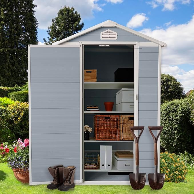 4x6 FT Outdoor Storage Shed, Resin Garden Shed with Thick Floor, Plastic Storage Shed with Window, Waterproof Outside Tool Shed with Lockable Hinged Door for Backyard, Patio, Lawn, Light Gray