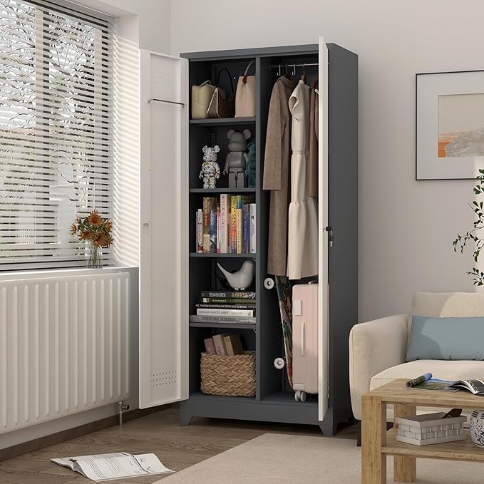 GREATMEET 72.8" H Metal Garage Storage Cabinets with Lock Door and Adjustable Shelves,Grey&White Broom Closet Storage Cabinet for Cleaning Supplies, Utility Closet for Garage, Bathroom,Kitchen,Home