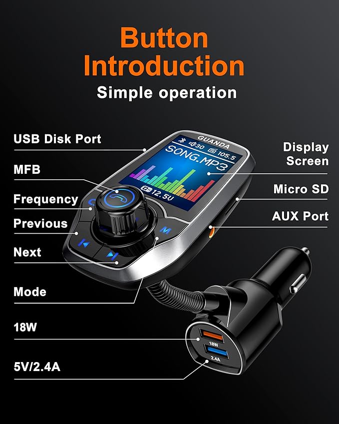 Upgraded Bluetooth FM Transmitter for Car, Wireless Radio Adapter Kit W 1.8" Color Display Hands-Free Call AUX in/Out SD/TF Card USB Fast Charging 18W for All Smartphones Audio Players - Pewter