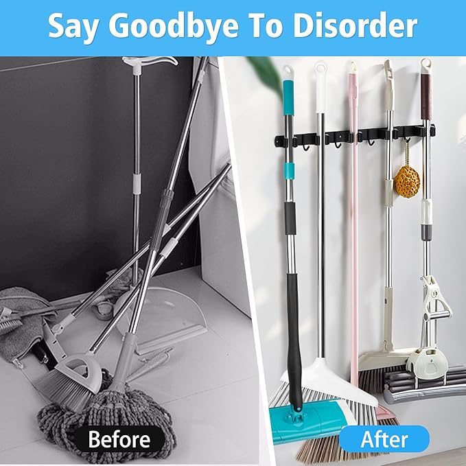 Huryfox Mop and Broom Holder Wall Mounted - Sturdy Stainless Steel Rack with Utility Hooks, 5 Racks, 4 Hooks Adjustable Design and Multiple Storage Organiser Options, Perfect for Kitchen
