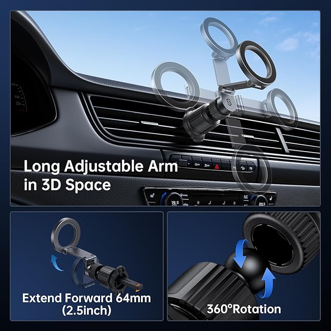 SYNCWIRE for Magsafe Car Mount Vent - Magnetic Phone Holder for Car [3D Long Arm | Flexible Rotation | Strong Magnets] Air Vent Car Phone Mount for iPhone 16 15 14 13 12 Pro Max Plus Mini Mag Safe