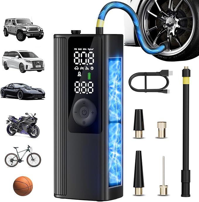 Tire Inflator Portable Air Compressor, Cordless Air Pump for Car Tires with Digital Pressure Gauge, 150 PSI Fast Tire Inflator for Car, Motorcycle, Bicycle - LED Light and Auto Shut-Off
