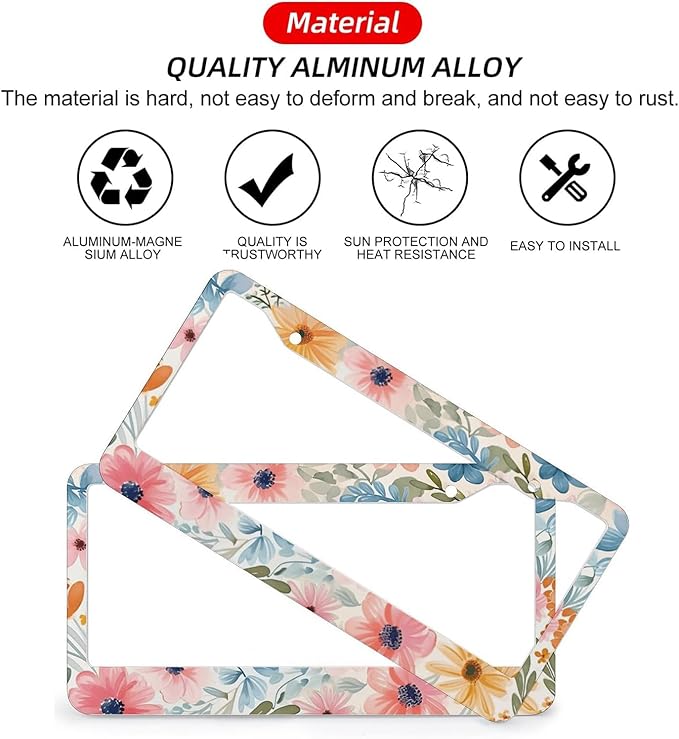 Flowers Floral License Plate Frames - 2 Pcs Set 2 Holes Metal Aluminum Auto Car Accessories Decoration License Plate Frame 12.2 x 6.3 inch for Women Men Gift