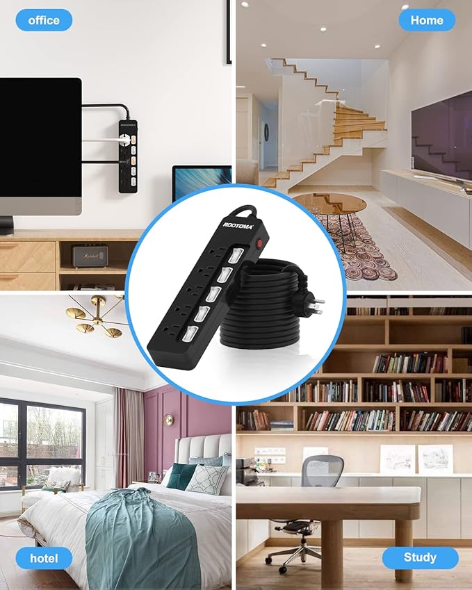 Black Appliance Extension Cord with Individual Switches on Off - 6 FT, 14 Gauge Heavy Duty Extension Cord with 5 AC Outlets, Wall Mountable, High Wattage for Microwave Workbench Garage Must Have, ETL