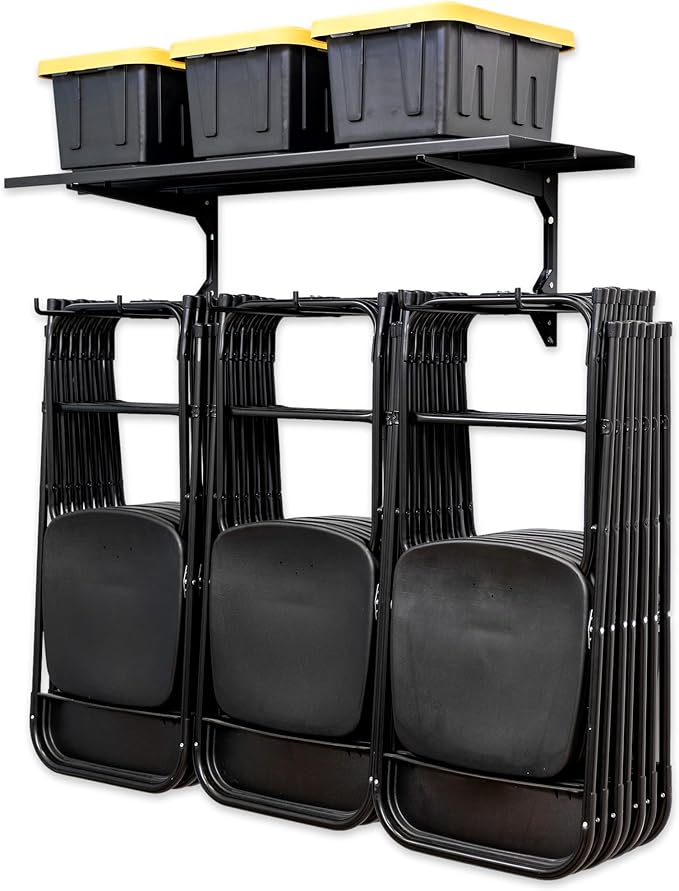StoreYourBoard Chair Storage Rack with Storage Shelf – Folding Chair Rack for Home & Garage Organization, Chair Hangers for Folding, Beach, Patio & Camping Chairs, Heavy Duty Steel, Holds 300 lbs