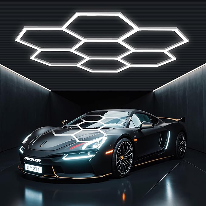 tewei Hexagon LED Garage Light, 7 Grids Hexagon Car Detailing Lighting Fixture 6500K Daylight White LED Shop Light, 275W, 27500LM Super Bright Ceiling Lights for Workshop, Warehouse, Gym, Basement