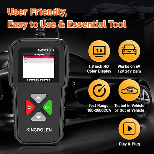 KINGBOLEN BM550 Plus 6V-24V 100-2000 CCA Car Battery Tester, Voltage Waveform Analyzer for Cars Trucks SUV Motorcycle