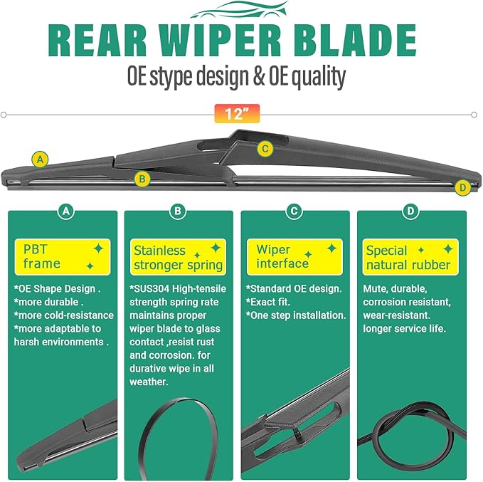 28" 26" 12" Windshield Wiper Blades Replacement for Ford CMax C-Max 2013 2014 2015 2016 2017 2018 Premium All Weather Front Rear Wipers Set - OEM Quality (Pack of 3)