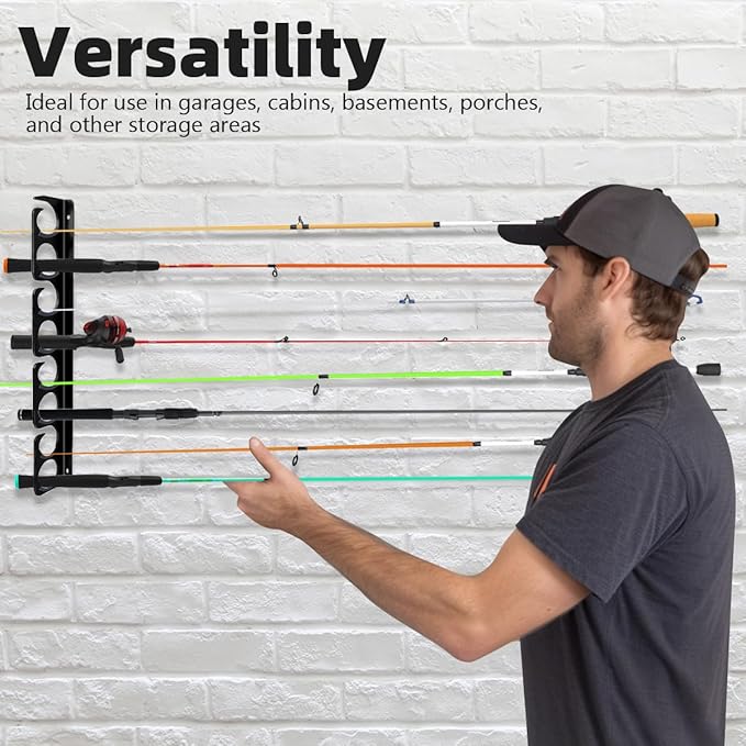 Wall or Ceiling Fishing Rod Storage Rack Vertical Horizontal Holder with 16 Capacity Fishing Rods Reels Mounted Roof Carrier Hooks Hanger for Garage Cabin and Basement Gear Accessories