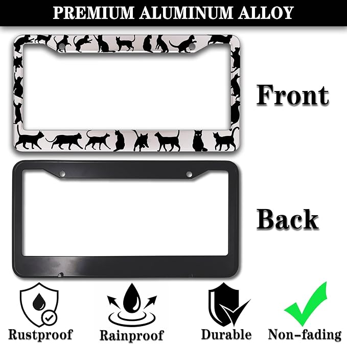 License Plate Frames for Women Black and White License Plate Frame for Men Black Cat Aluminum Metal Car Accessory 2 Pack with Screw Covers Set