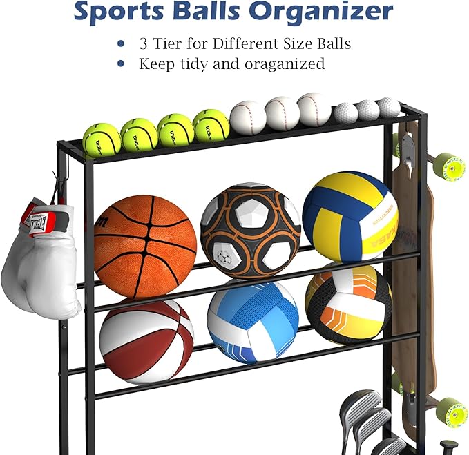 smusei Sports Equipment Organizer Garage Basketball Ball Holder for Sports Gear and Toys Garage Ball Storage Rack Cart with Wheels and Hooks for Volleyball Football Basketball, Indoor/Outdoor, Black