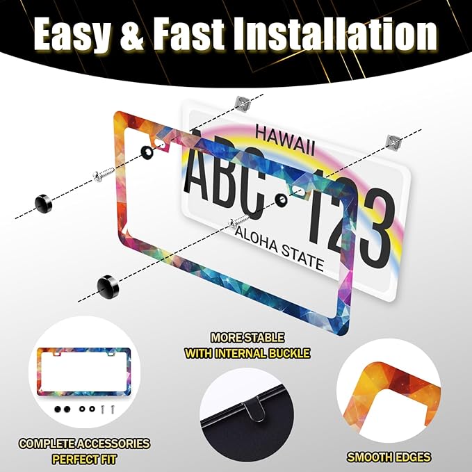 Abstract Shiny License Plate Frame Colorful Bling License Plate Holder for Personalized Car Decorative Stainless Steel Funny License Plate Cool Auto Part with Screws Men Women 12.2" x 6.2"