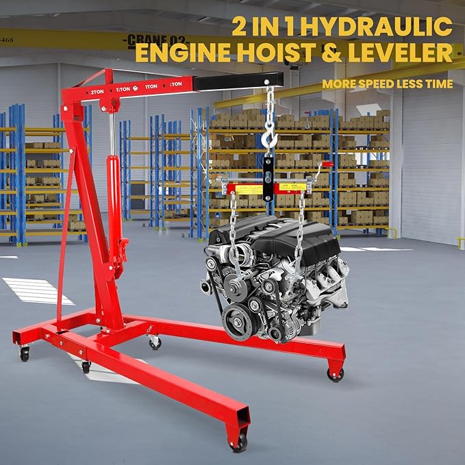 Engine Hoist Cherry Picker with Leveler, 2-Ton Folding Hydraulic Workshop Crane Lift with 6 Swivel Wheels and Telescopic Boom, 4400 Lbs Capacity Heavy-Duty Crane for Garage, Automotive Repair (Red)