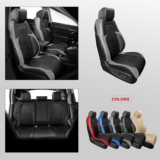 FREESOO CRV Seat Covers Full Set, for Honda CRV LX EX EX-L Sport Touring Hybrid 2017 2018 2019 2020 2021 2022, Custom Fit Car Seat Covers, Waterproof Leather Seat Covers, Black & Gray