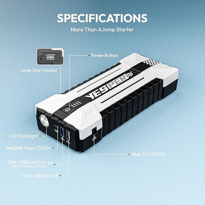 YESPER 4120A Jump Starter, 12V Car Battery Jumper Starter Portable (All Gas, up to 10.0L Diesel Engine), 26800mAh Battery Start Booster Pack, Jump Box with Carry Case, Jumper Cables, LED Light