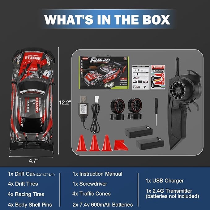 RC Drift Car, 1:14 Scale GTR Model, 4WD 28KM/H High Speed Remote Control Racing, 2.4GHz Electric Sport Drifting Car with LED Lights Speed Adjustment Gifts for 6+ Kids and Adults