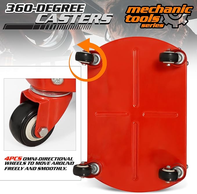 M-AUTO Heavy Duty Garage Rolling Work Seat 300LBS Capacity Mechanics Stool with Wheels, Rolling Work Seat with Equipment Tray and Tool Rack, Rectangle Seat Mechanic Roll Chair, Red