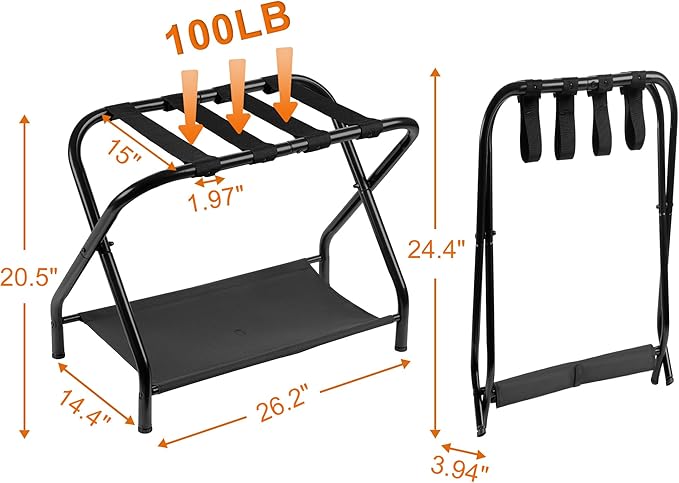 Heybly Luggage Rack, Steel Folding Suitcase Stand with Storage Shelf for Bedroom, Hotel, Foldable Steel Frame, Guest Room Bedroom Hotel, 22.8" L x 11.8" W x 20.9" H, Black HLR004B1