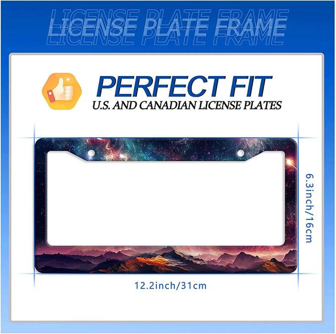 Mountain License Plate Frame Colorful Starry Sky Galaxy License Plate Stainless Steel Funny License Plate Holder Men Women Mountains Car Accessory Decoration 12.3" x 6.3"