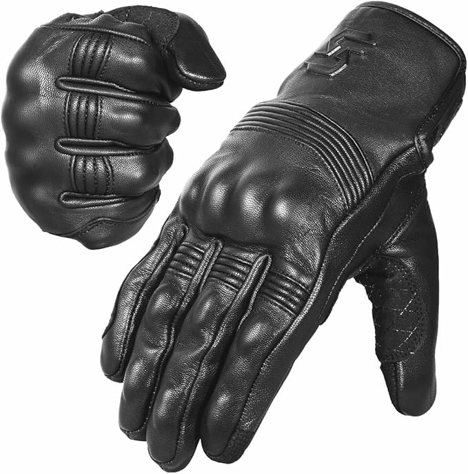 Leather Motorcycle Gloves for Men and Women | Touchscreen | Full Finger | Goatskin Leather Hard Knuckle Motorcycle Riding Gloves (Un-Perforated, X-Large)
