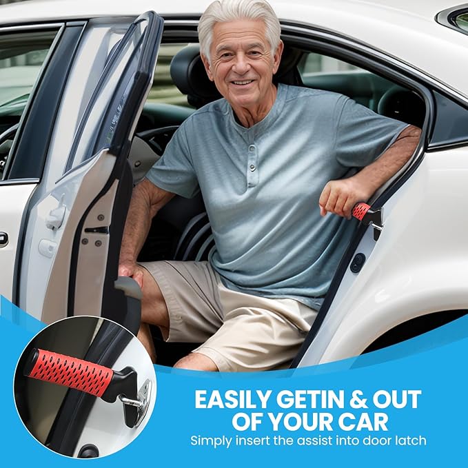 Car Door Handle for Elderly, Car Handle Assist Support, Portable Elderly Assistance Mobility Aids for Getting Out of Car, Auto Grab Cane Nylon Strap for Seniors and Handicapped, Red